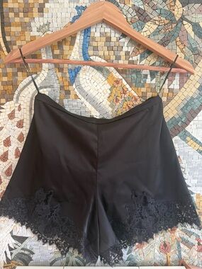 Reformation Black Satin Shorts with Lace Trim